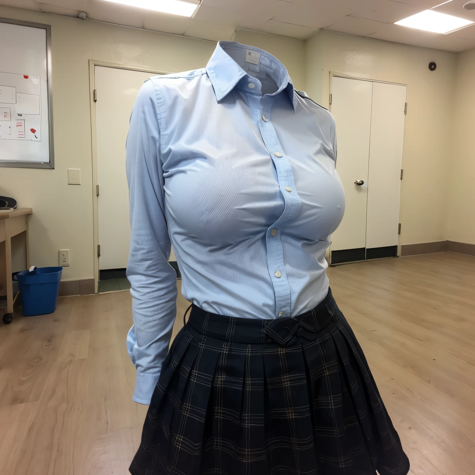 school uniform, cute pose, (invisible, no humans, headless, faceless:1.5), (close-up to breasts), cute big breasts, chubby, fat, plaid skirt, stripe tie, frilled blouse