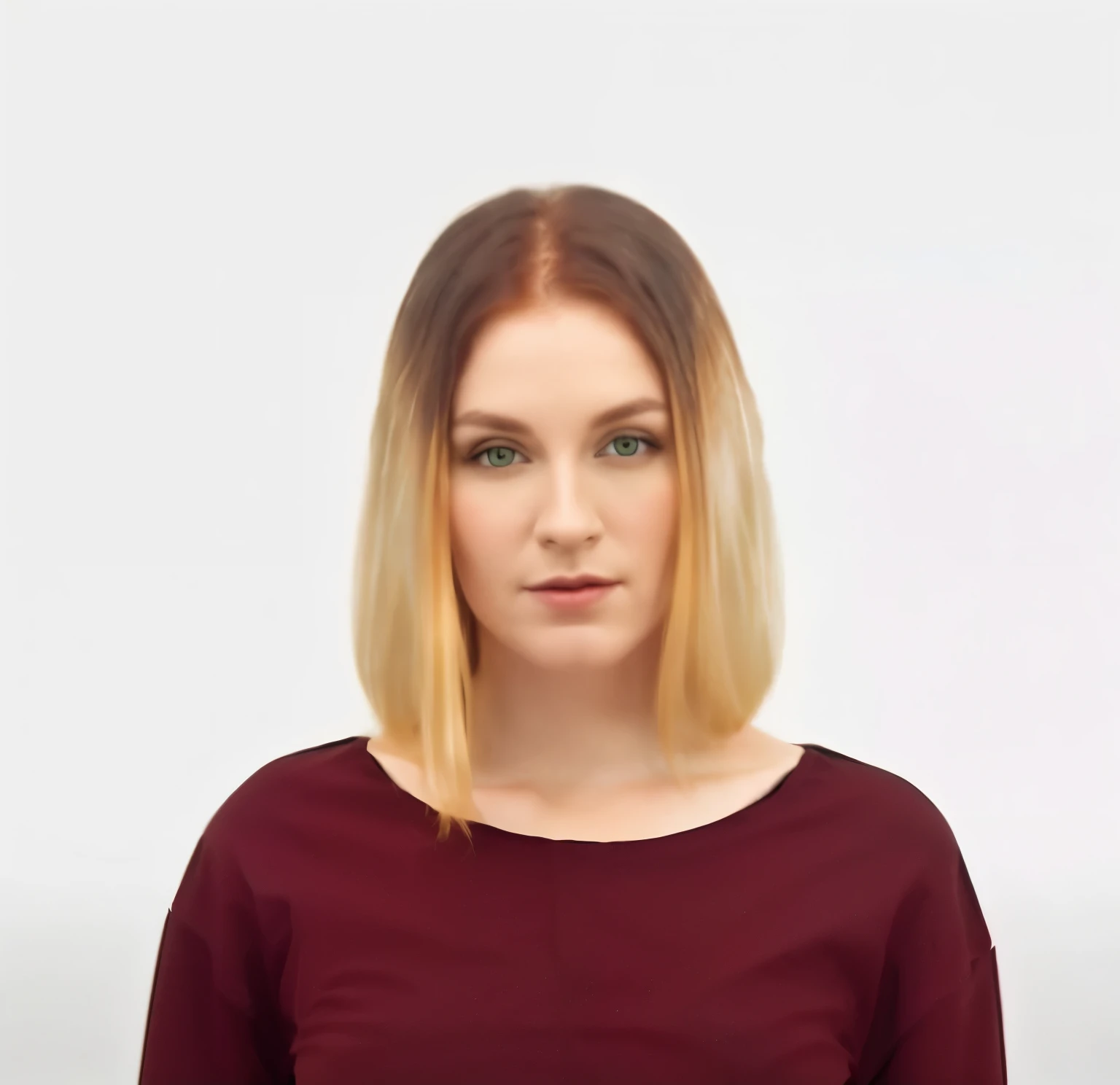 front view, looking at camera, RAW photo,((black shirt:1.2)), ((portrait)),beautiful red hair 30 years old woman, green eyes, perfecteyes eyes, ((white background:1.2)), studio lighting, high quality, film grain, Fujifilm XT3, centralized