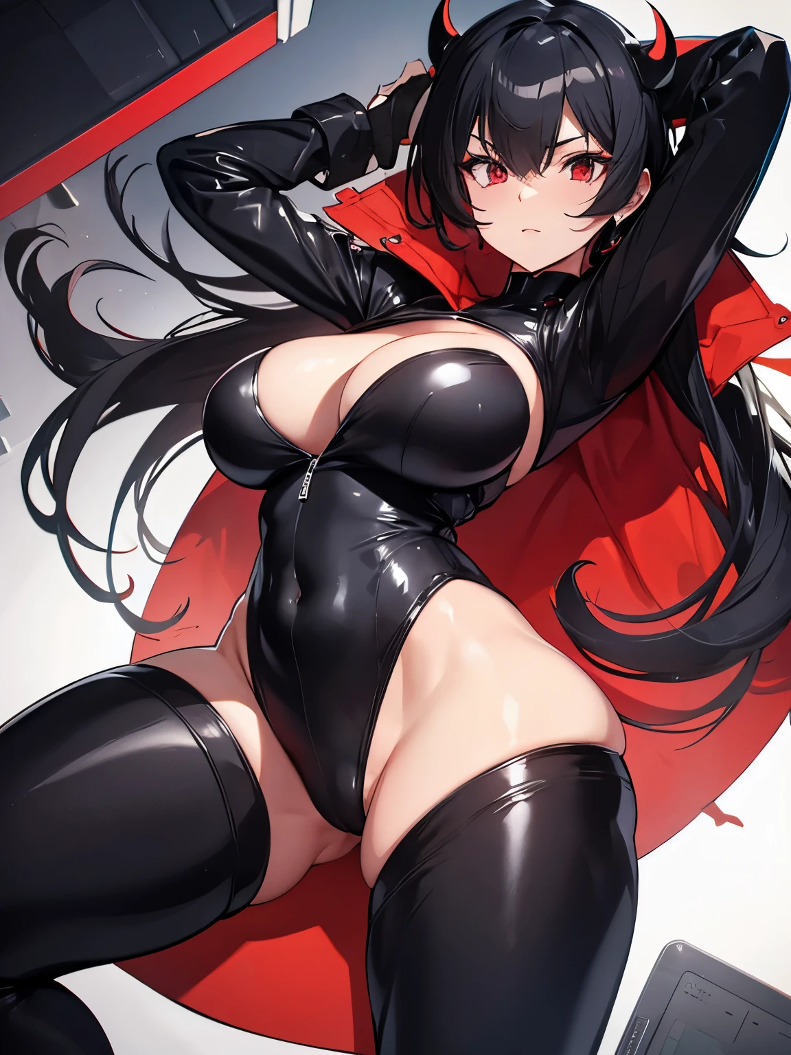 rubber suit　villain　sexy　tits　thighs　butt　less cloth area　White and black hair　red eye