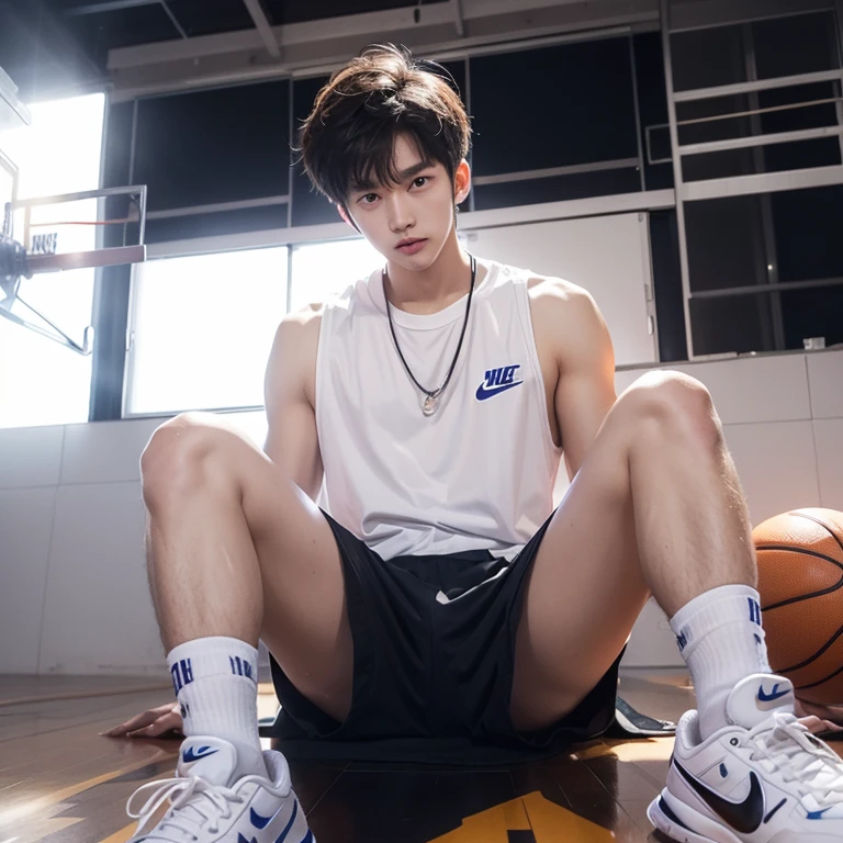 1 Korean Youth,male,20 years old,Sit on the basketball court,legs spread,put your feet on the ground,Wearing white Nike socks,Badass anime 8k,cold,Handsome,POV perspective,looking at camera