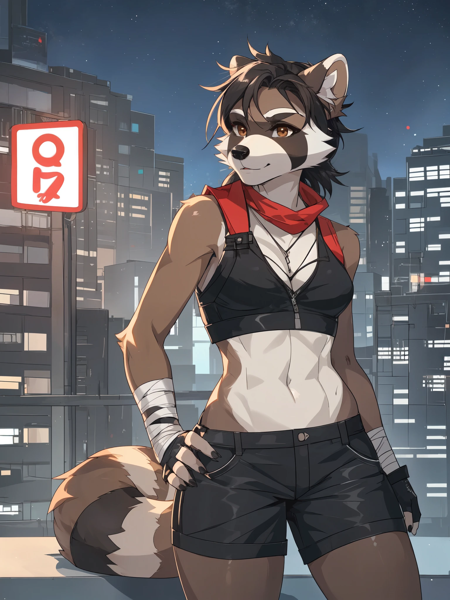 By Hyattlen, by fumiko, solo, ((snout, ears)), female raccoon girl, short black messy hair, light brown body, brown eyes, raccoon tail, raccoon ears, cute snout, black nose, tall slender body, thick thighs, cute raccoon tail, black sleeveless leather vest, red bandana around neck, black fingerless gloves, dirty fur, black leather shorts, barefoot, beautiful feet, feet wrapped in bandages, foot wraps, feet paws, 4 toes, black claws, wearing a small backpack, standing on the edge of a high rooftop, in a large smoky industrial city, nighttime, looking down on the city, looking away