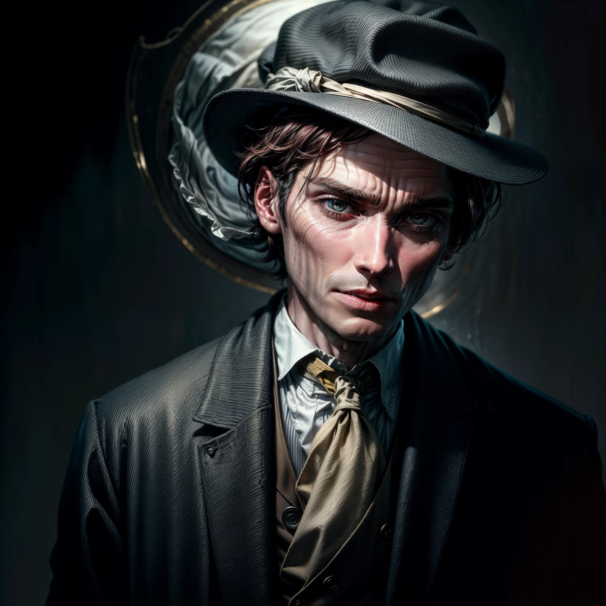 Actor "Cillian Murphy" como Oppenheimer, looking straight at you, With a little hat on his head, Ojos derechos y detallados, Rostro detallado arte conceptual, Retrato vintage, Fondo oscuro y lleno de humo, Mostrando solo la cabeza, Alta calidad 4k