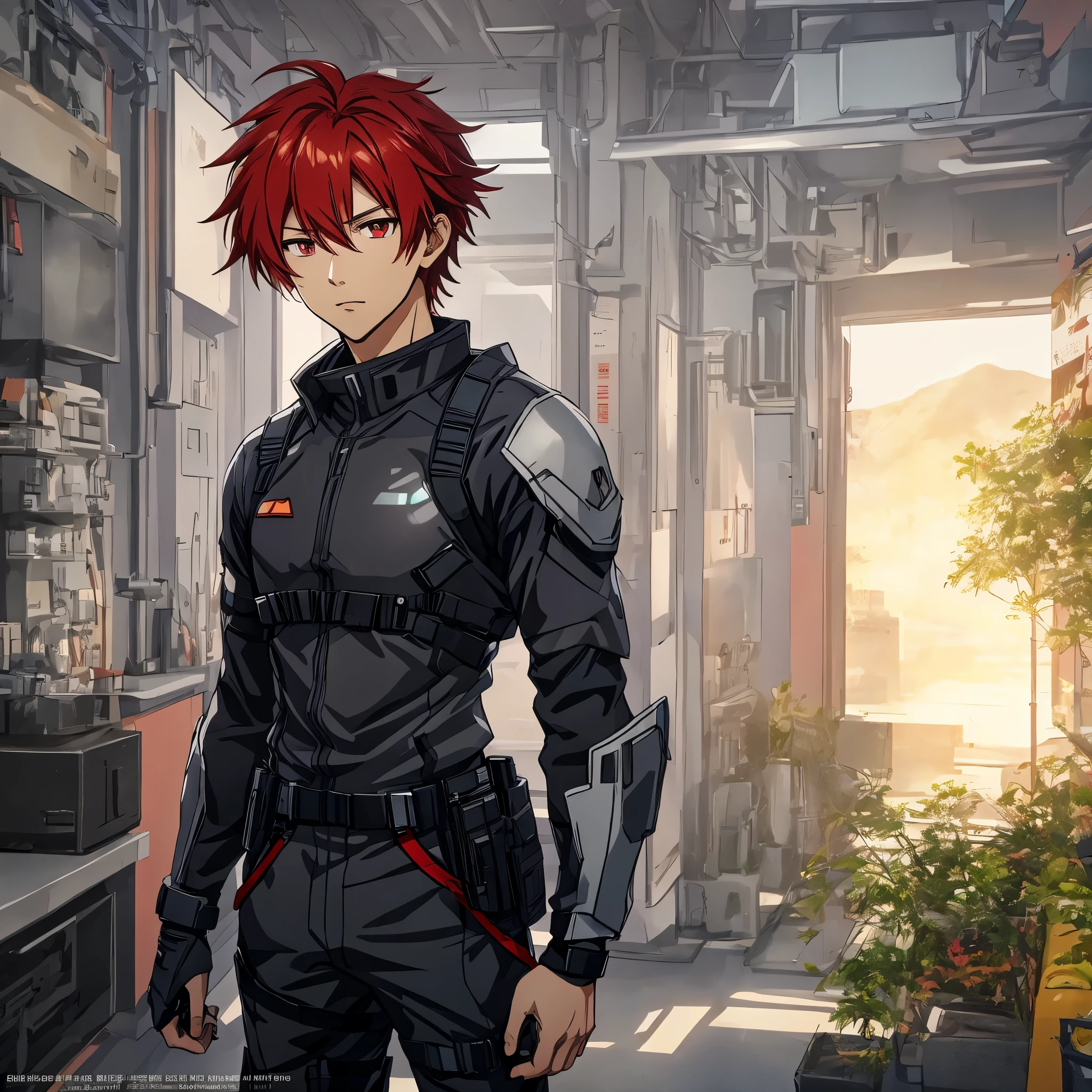 1 male, solo, red hair , anime character wearing combat suit, kaworu nagisa, anime handsome man, male anime character, tall anime guy with red eyes, hajime yatate, anime, fubuki, action anime pose, yukito kishiro, young anime man, official art, makoto kano, male anime style, masterpiece, rtx, ray tracing, highly detailed, best quality, official art