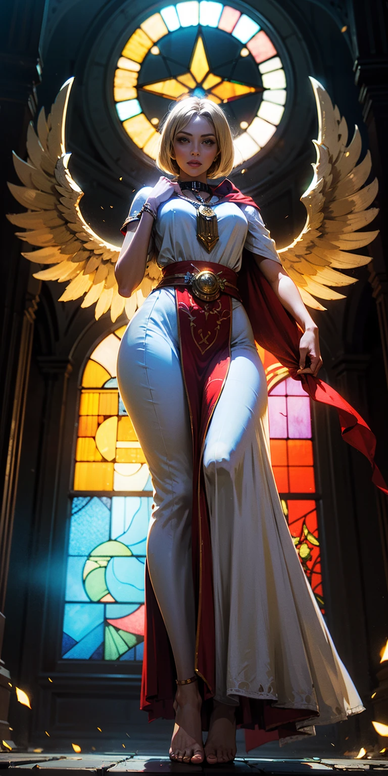 low angle, from below, paladin templar lady in white tabard, legwear, glowing yellow eyes, collar, golden chainmail, wide hips, barefoot, angel wings, pauldrons, halo, bob cut, blonde, eye focus, red cape, temple indoors, decorations, stained glass windows, night, particles, chromatic aberration, detailed, cinematic, dark scene, fantasy