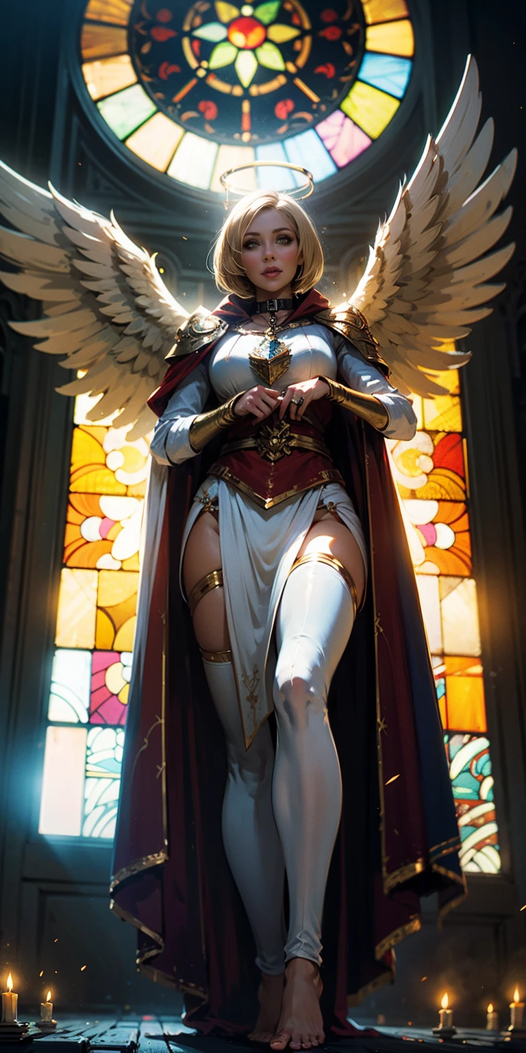 low angle, from below, paladin templar lady in white tabard, legwear, glowing yellow eyes, collar, golden chainmail, wide hips, barefoot, angel wings, pauldrons, halo, bob cut, blonde, eye focus, red cape, temple indoors, decorations, stained glass windows, night, particles, chromatic aberration, detailed, cinematic, dark scene, fantasy