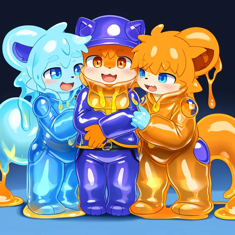 Cubs，被slime覆盖，slime，light orange cuollars，被slime覆盖，fall（（充满银色slime）），protective suits