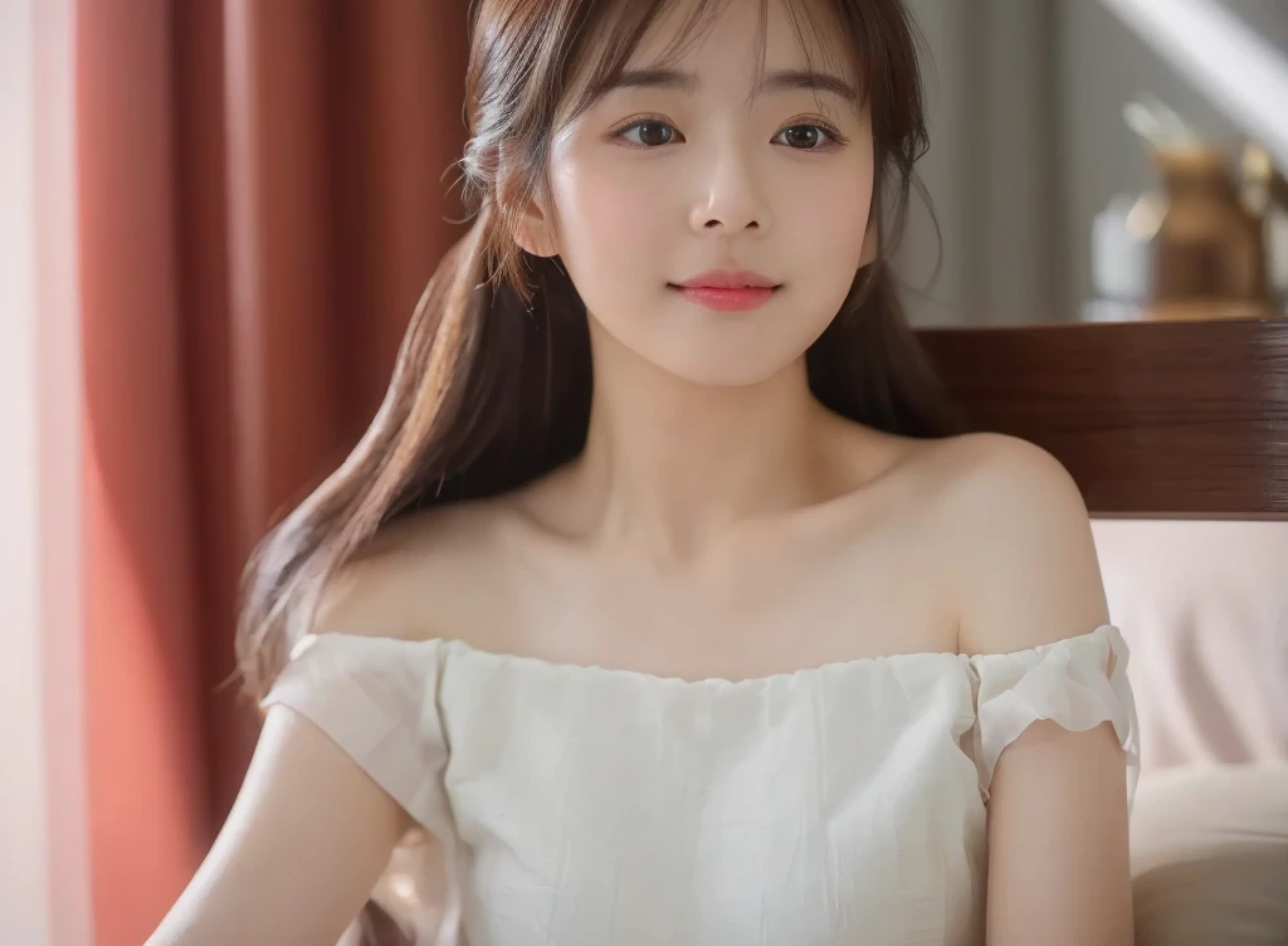 ((bedルーム、bed、front、wall、Hotel、suite room、luxury、luxury、luxury、１photograph))、((highest quality、8K、masterpiece:1.3))、(4K、RAWphotograph、highest quality)、((cute日本の女の子、beautiful japanese girl、1 girl、clear、19 years old、ponytail、Highly detailed face and skin texture、refinement、super detailed face、highly detailed eyes、Lee Hong、blush、cheek、ピンクのcheekを塗ったcheek、close-up of woman、 from the neck up、 Close to the camera、 positive face、Forward-facing body、look at the camera、front、cute、smooth white skin、Transparent skin texture、))、(dark brown hair、bangs)、beautiful woman with perfect style：1.4、japanese model、young gravure idol、若いcuteグラビアアイドル、Realistic young gravure idol、refinementされたグラビアアイドル、((highest quality、8K、masterpiece:1.3、１photograph))、(4K、RAWphotograph、highest quality)、(realistic、フォトrealistic:1.37)、Place someone on the other side of the screen、Natural light、