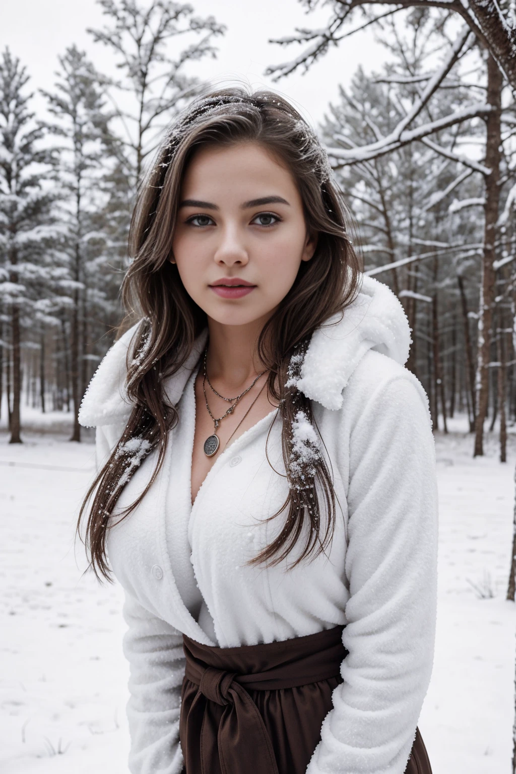 1girl 16 year old, solo, big breasts, back facing viewer, she is looking away from view, blonde hair, jewelry, full body, necklace, lips, realistic, nose, flirting with camera, sexy, realistic, high detail, 4k photo, high detail,, sexy perfect anatomy, perfect symmetry, soft lights, outside, wintery scene, cold, snow,, high details, photo quality, super real, winter outfit, brown eyes, brown eyes,