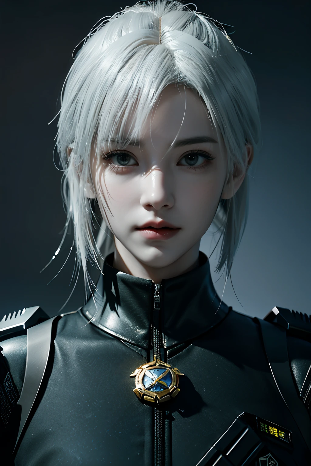 Game art，The best picture quality，Highest resolution，8K，((A bust photograph))，((Portrait))，(Rule of thirds)，Unreal Engine 5 rendering works， (The Girl of the Future)，(Female Warrior)，
22岁少女，(Female hackers)，(White hair，Long hair casual)，(A beautiful eye full of detail)，(Big breasts)，(Eye shadow)，优雅迷人，微笑，(皱眉)，(Battle suits of the future，Features of Cyberpunk Fighter Clothing，Joint Armor，The dress has a fine pattern and badge，Red and blue)，赛博朋克人物，未来风格， 
拍照姿势，城市背景，Movie lights，Ray tracing，Game CG，((3D Unreal Engine))，oc渲染反射纹