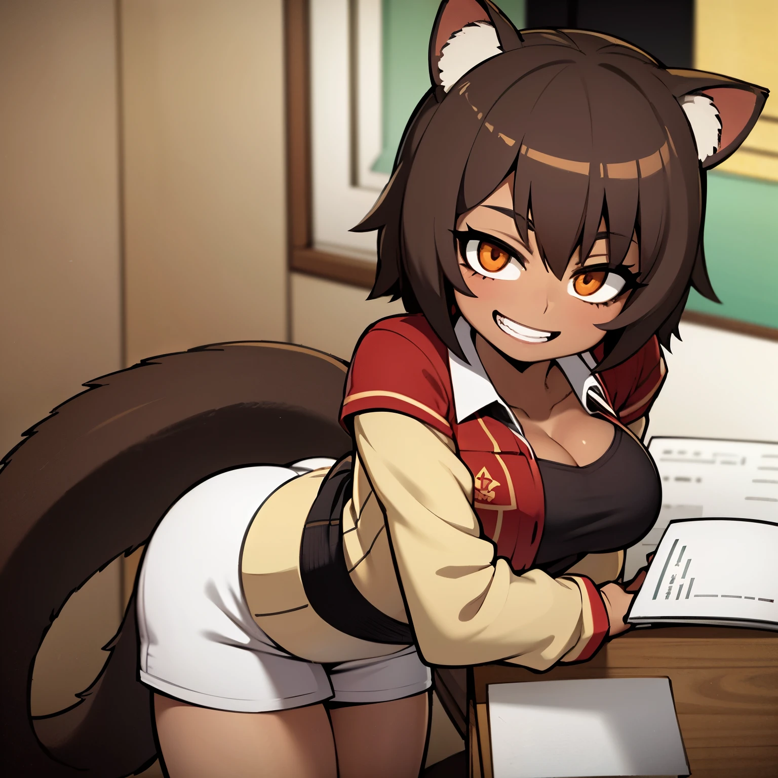 Anime image of a girl with short brown hair, very tanned and brown skin, she has raccoon ears and a tail, she wears a very tight schoolgirl uniform, she is quite muscular and she is smiling sadistically while she is in a classroom. 