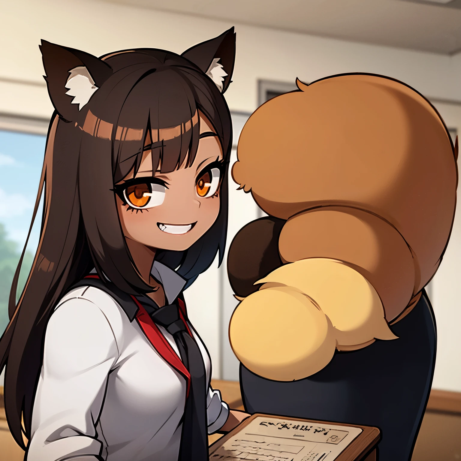 Anime image of a girl with short brown hair, very tanned and brown skin, she has raccoon ears and a tail., usa un uniforme de colegiala muy ajustado, She is very muscular and smiles sadistically while in a classroom