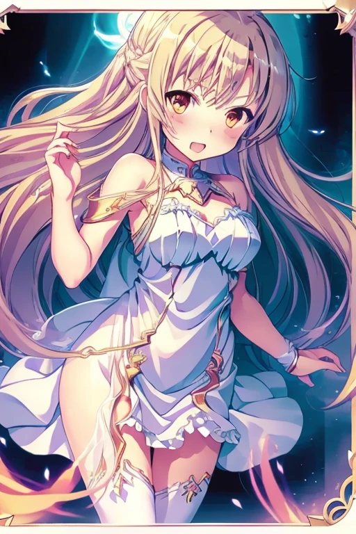 (masterpiece)、(highest quality)、(Super detailed)、official art、One little girl、blonde loli、angel of light dress、sleeveless、See-through、small breasts、modest chest、cleavage、thigh focus、Card Illustration、shine