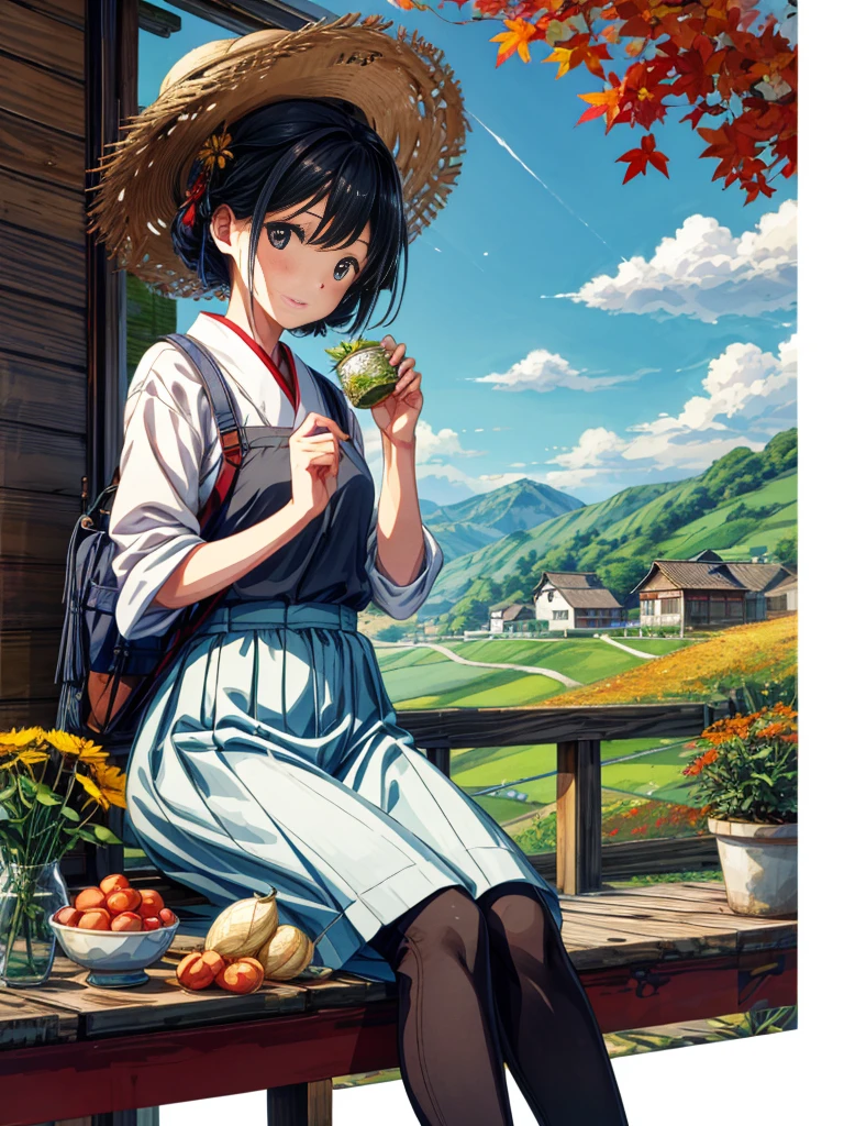 Country streets, potted plant, flower,Oriental design, autumn ,Harvest Festival,autumn Leaves Digital Painting, wind,concept art, illustration, complex, Imaginative thoughts on your dream girlfriend、Warm depiction,Envisioned as a dream lover and lifelong partner。She embodies the simplicity of Chinese rural girls、Industrious,Integrated with wisdom、Beautiful and hard-working character。This artistic depiction shows her in a rural setting,Exuding sweetness、Romantic atmosphere。She wears simple traditional rural clothes,Reflecting her humble origins and down-to-earth character。Her facial features are gentle and beautiful,The expression is kind、Tempting。背景是wind景如画的乡村wind景,Rolling hills、Fields and traditional country houses,Adds a sweet rustic romantic charm。整体wind格融合了现实主义和理想化的乡村美感,embodies the dreamlike、The Essence of a Cute Country Girl。