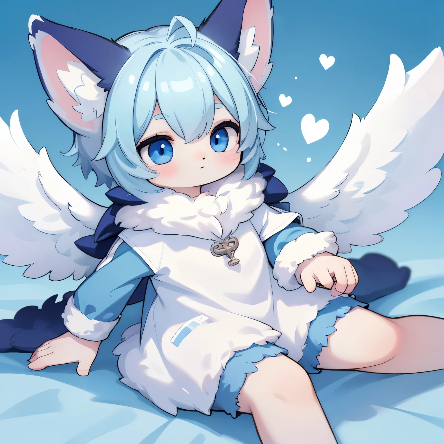 boy,fox,cub,Fur with blue as the main part and white as the secondary part,White wings,super cute face