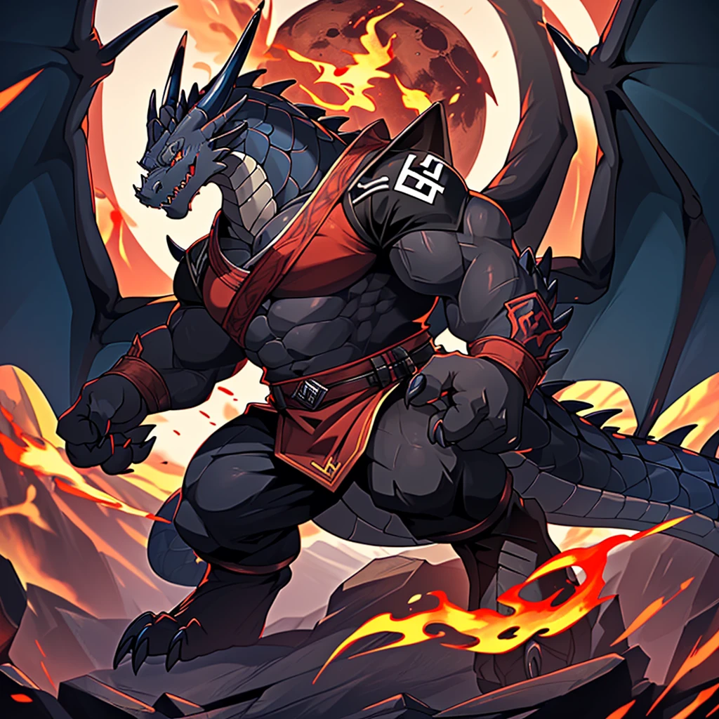 (The violent and powerful Black Dragon King，Wearing a Nazi uniform：100)，(Broad dragon body，majestic wingspan，Sharp dragon claws，thick dragon tail，huge black dragon king，Huge dragon claws：2)，Fit in size，(blue dragon flame：2)，King of Soldiers，blood moon，full body picture，Very detailed，4K HD