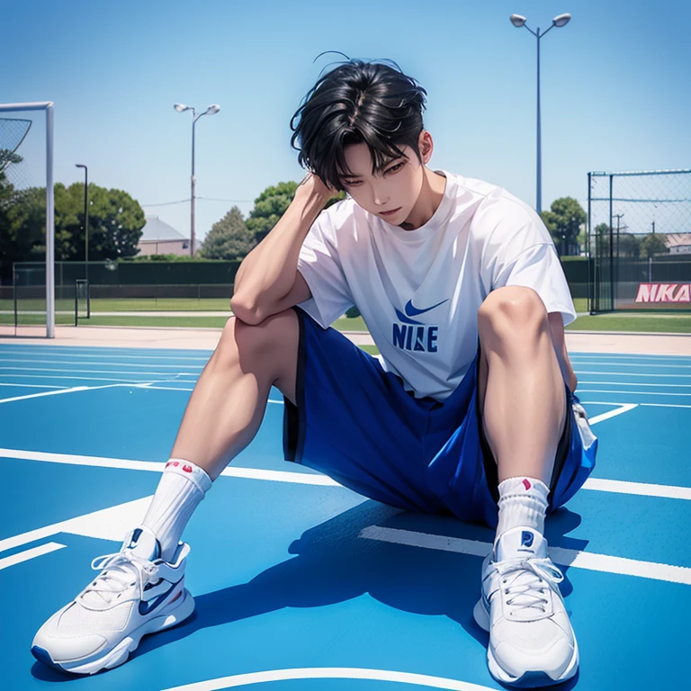 1 Korean young man，male，20 years old，Hair is medium length，Sit on the basketball court，legs open，Place your feet on the ground，Wearing white Nike socks，Badass anime 8K，Cold，Handsome，POV perspective，looking at camera
