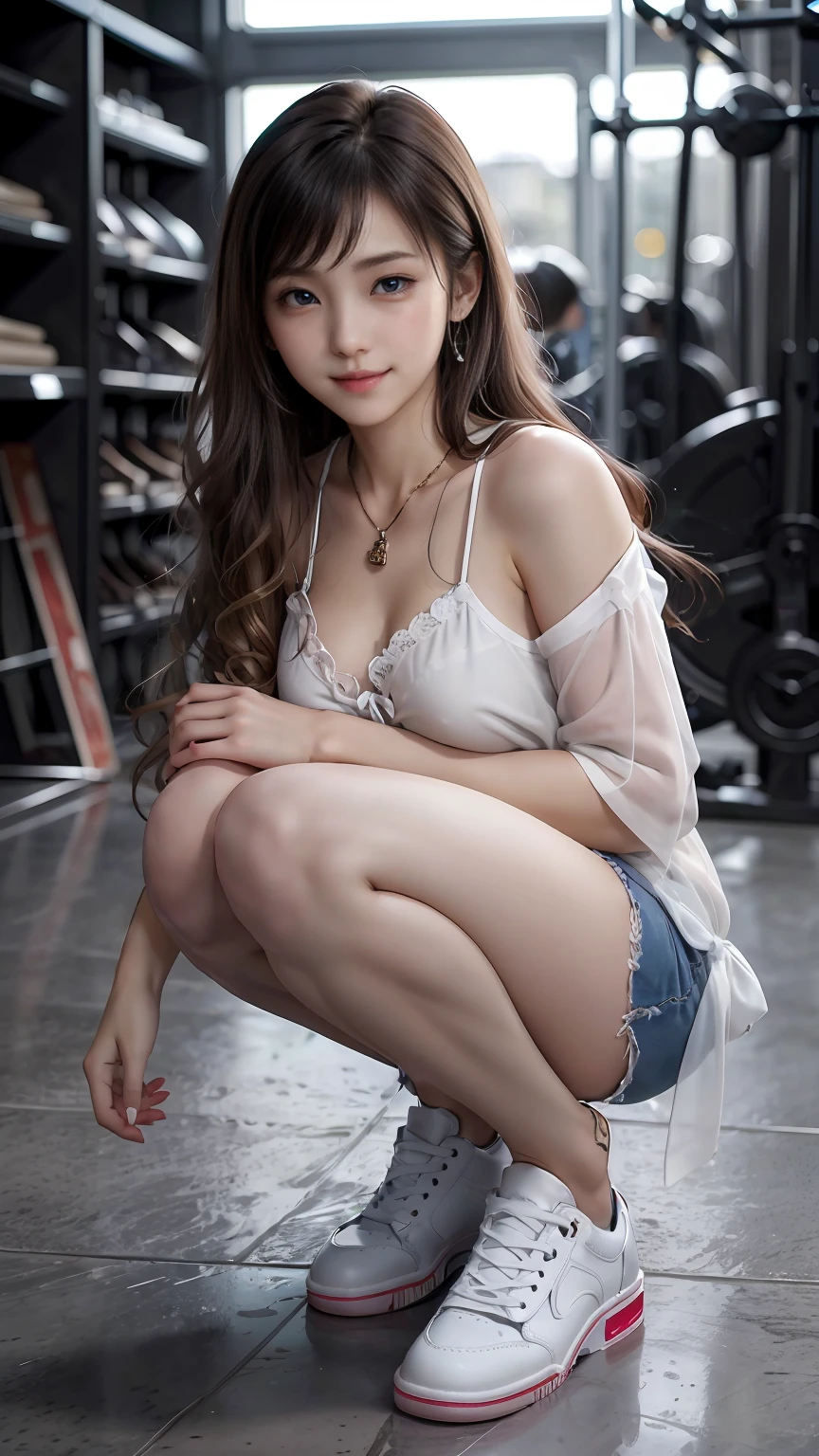 22 year old white female、Hair color is brunette、blue eyes、long hair、The ends of the hair are wavy、setting hair、accessories on wrist、wearing a necklace、has earrings、skin is smooth、Slender but muscular body、smile、wearing a tie front shirt、wearing skinny jeans、smile、short squatting