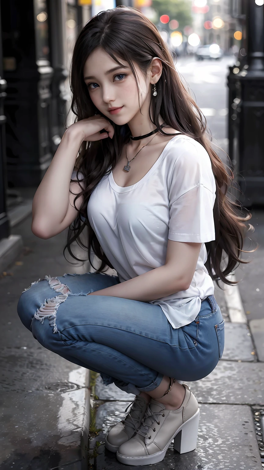 22 year old white female、Hair color is brunette、blue eyes、long hair、The ends of the hair are wavy、setting hair、accessories on wrist、wearing a necklace、has earrings、skin is smooth、Slender but muscular body、smile、wearing a tie front shirt、wearing skinny jeans、smile、short squatting