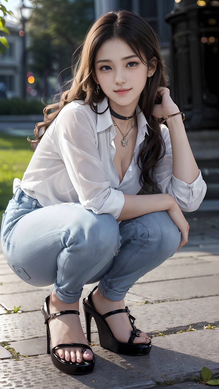 22 year old white female、Hair color is brunette、blue eyes、long hair、The ends of the hair are wavy、setting hair、accessories on wrist、wearing a necklace、has earrings、skin is smooth、Slender but muscular body、smile、wearing a tie front shirt、wearing skinny jeans、smile、short squatting
