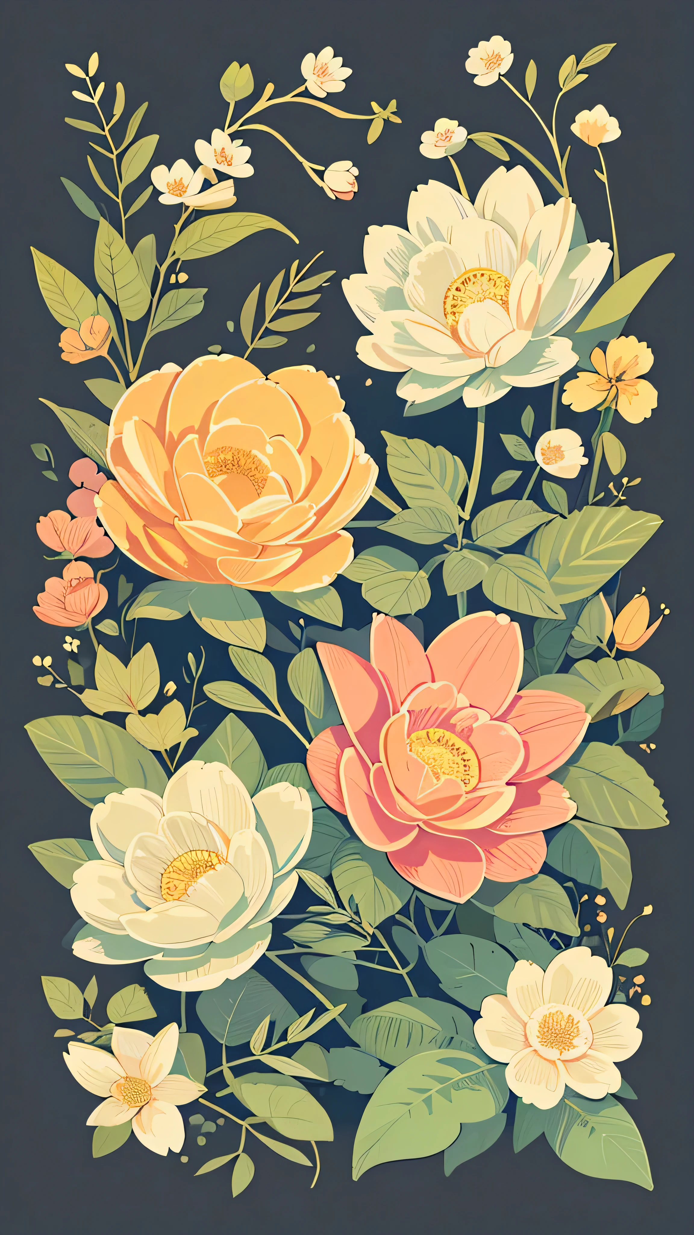 Slight vintage colors,planar,riso print style,shape,adorable,Leave white space,low saturation,lots of flowers，Individual placement，foliages，Branch angle，printing， sticker，Random distribution，Nice drawing style， color guide，graphic design，Carpet Pattern，（on a black background), pink