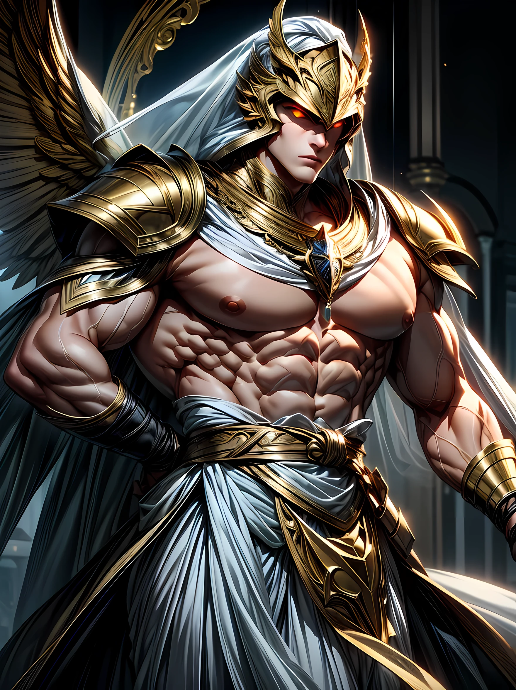 (masterpiece), best quality, expressive eyes, perfect face, 8K, Cinematic, Handsome Muscular big Pecs Celestial Male from the city, Pale White & Metallic Gold, Weapon, Glowing Golden Eyes, Metallic Clothing and Helmet, Wings, Shiny, Sash Veil, 