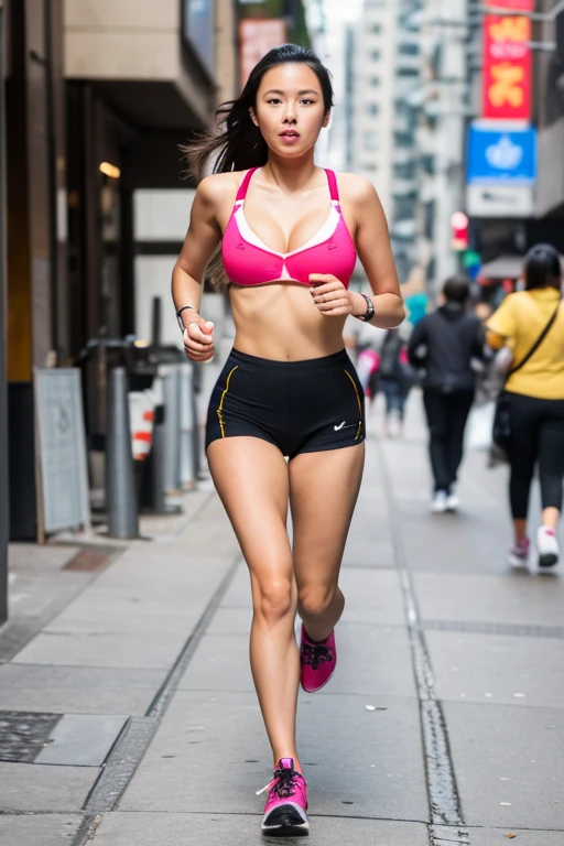 master piece,best quality,,realistic style,girl running,big breasts:1.3,have on the street