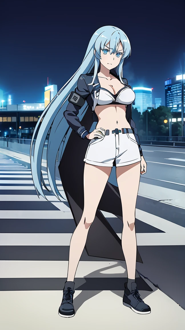 (Masterpiece:1.2),expressive eyes, perfect face, beautiful blue eyes, blue hair, very long hair,((1girl,solo)), Esdeath (Akame ga Kill), anime office art style, large breasts, vibrant colors,full body shots, ((jacket,gym short )),background streets night time 