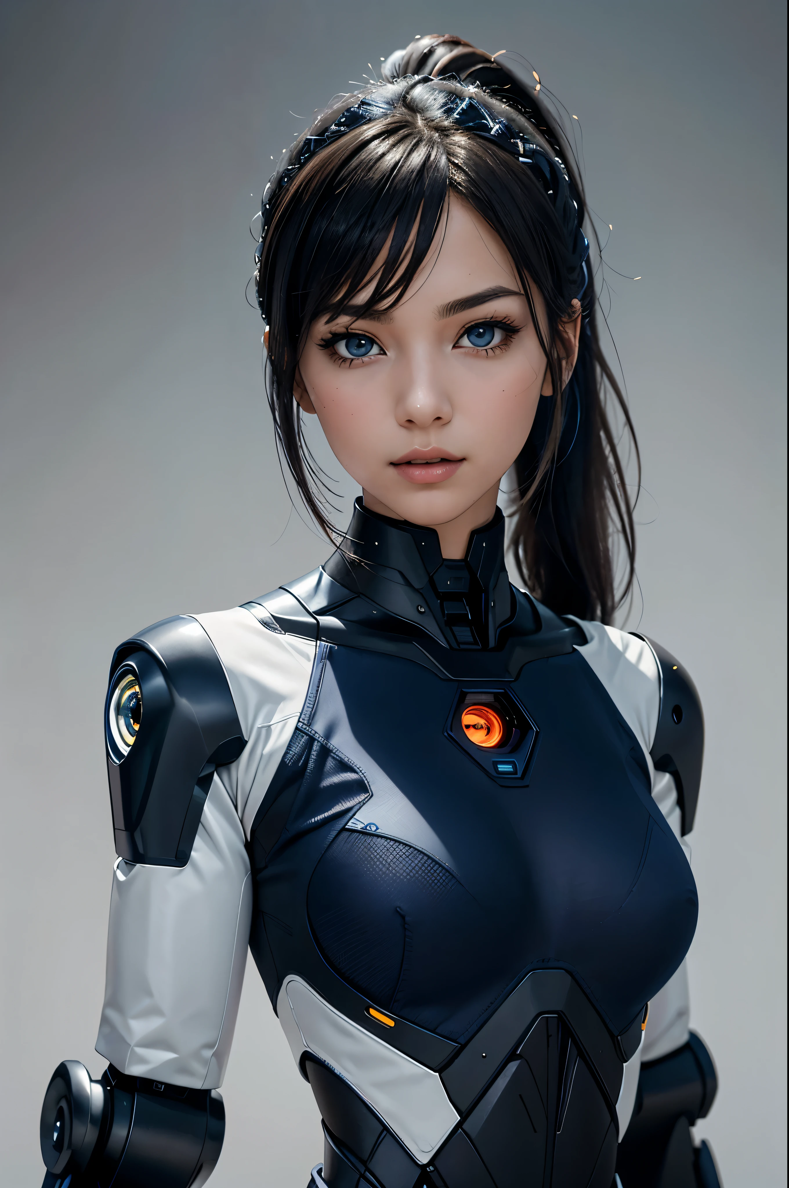 2d anime image of female android robot, long black hair, Ponytail, smooth, blue eyes, Beautifully detailed.. There are beautiful hair accessories.. There is human skin mixed with that of a robot.. Wear a futuristic Shaolin uniform with exposed shoulders., Navy blue and white, With beautiful and detailed patterns., Fight against a plain gray background..