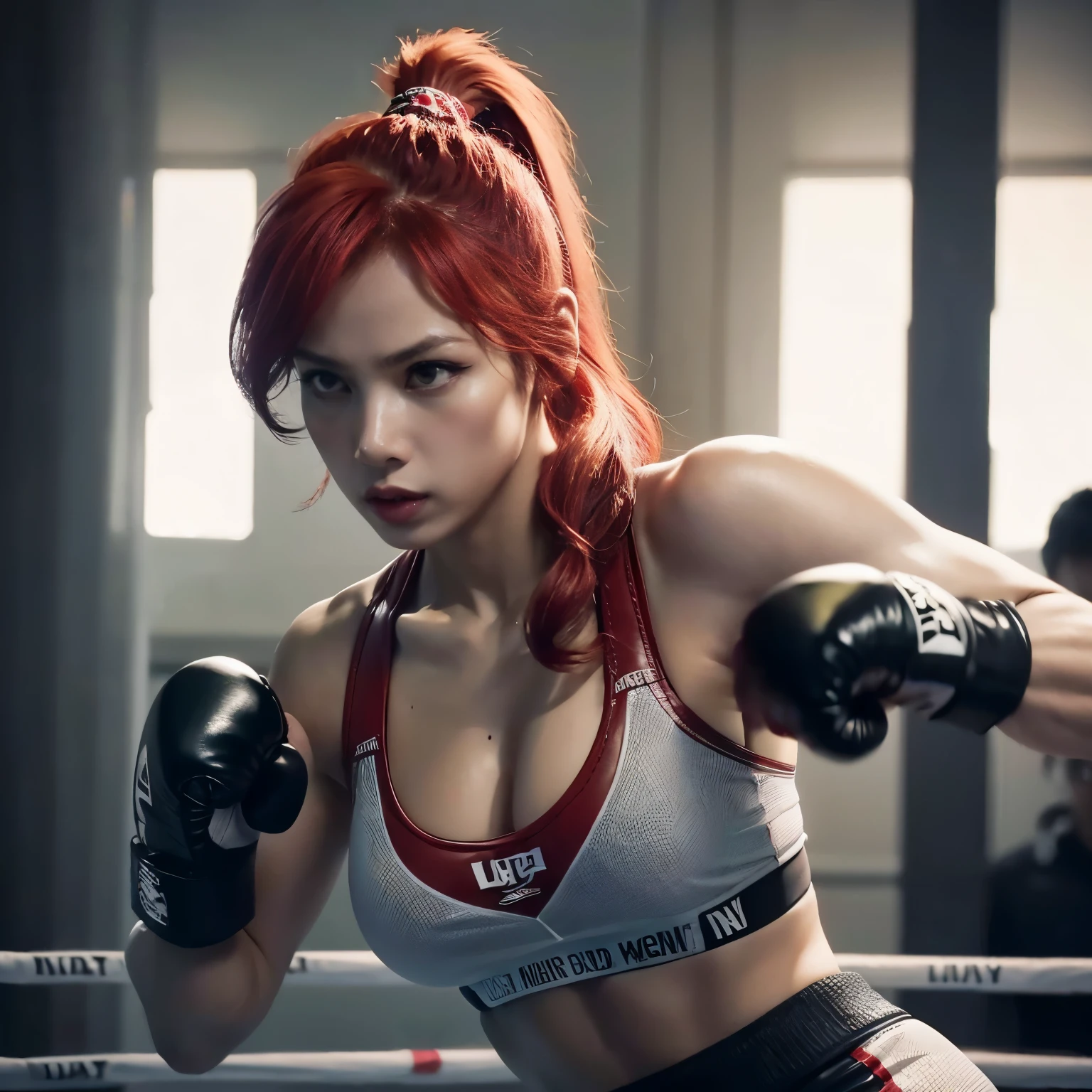 Uma mulher ruiva, lutadora, with boxing gloves wearing her hands and her red hair tied in a ponytail, your serious and concentrated look.