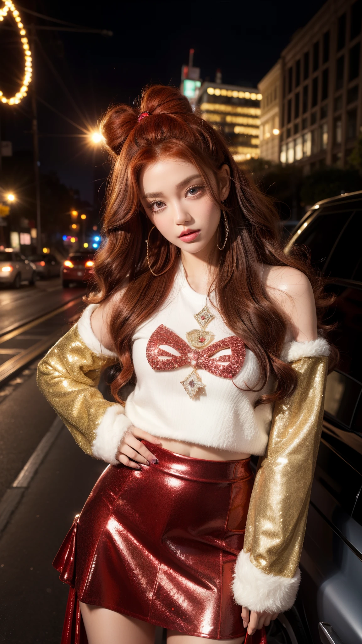 Very red curly hair without bangs, Trapped In Glitz Long Sleeve Top, mini skirt has a velvet construction, faux fur trim, a front bow applique, and an all over Bratz glitter print, beautiful eyes, Striking a pose, innocent, on los angeles street, skinny, night, upper image, midshot, centered image, two meters distance for shoot