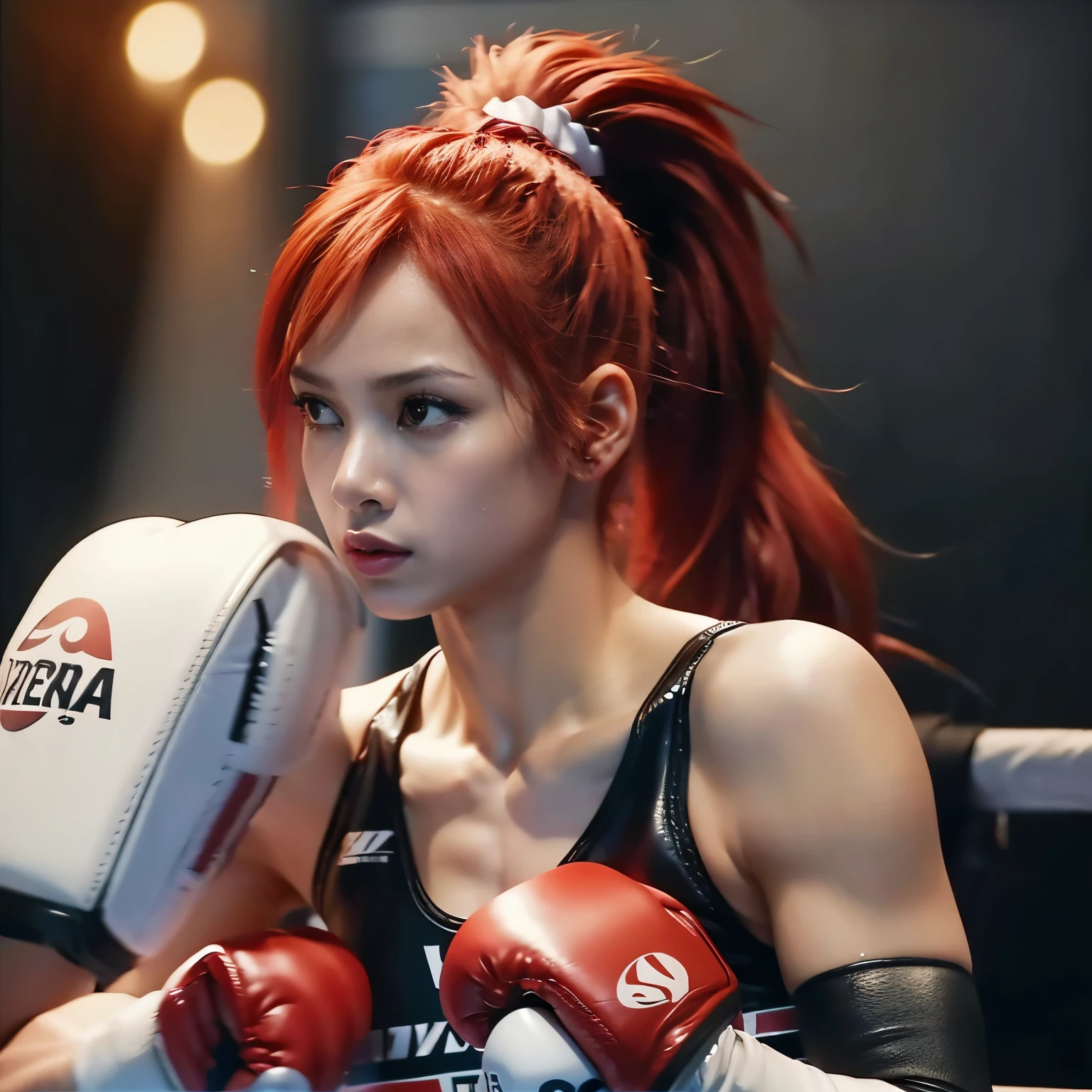 Uma mulher ruiva, lutadora, with boxing gloves wearing her hands and her red hair tied in a ponytail, your serious and concentrated look.