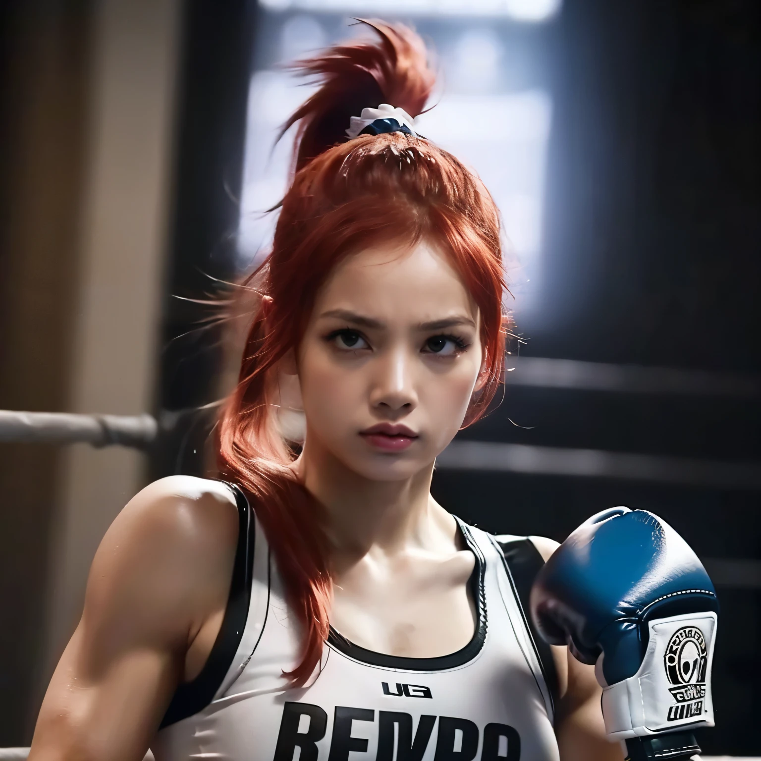 Uma mulher ruiva, lutadora, with boxing gloves wearing her hands and her red hair tied in a ponytail, your serious and concentrated look.