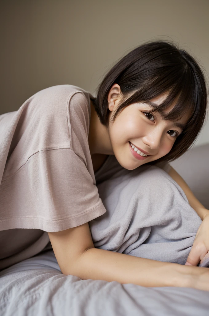highest quality, face focus, soft light, (Depth of bounds written) ,ultra high resolution, (realistic:1.4), RAW photo, (moody lighting, night:1.2), Bedroom,
(upper thigh:1.4)
1 japanese girl, alone, cute, cute, (shy, smile:1.1), (brown eyes), natural face, (short hair),
(sit on gray linen chair)
break
(white naked oversize t-shirt:1.2)
smile, pajamas , lie down on the bed , ボブshort hair,