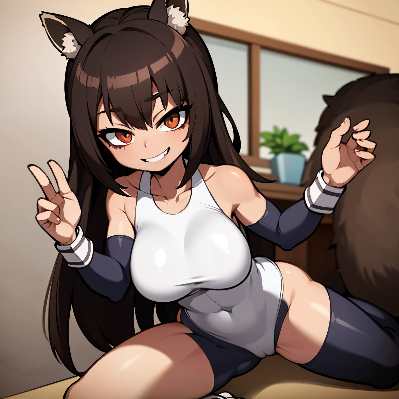 Anime image of a girl with short brown hair, very tanned and brown skin, she has raccoon ears and a raccoon tail, she wears a very tight sports suit, she is very muscular and she is in a classroom and smiling sadistically 