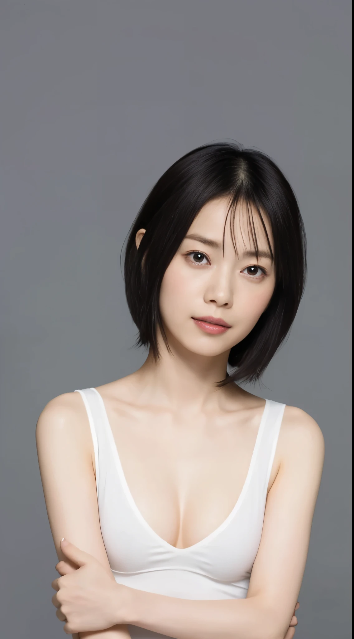 Japanese, Women of short stature, petite physique, Medium build, medium height, slightly plump, Short arms, single eyelid, long slit eyes, Ephemeral atmosphere, 30-year-old girl, black bob hair, ((thin lips)), white top and bottom underwear, muste piece, best quality, detailed skin, detailed eyes, ,8K, good anatomy, upper body portrait