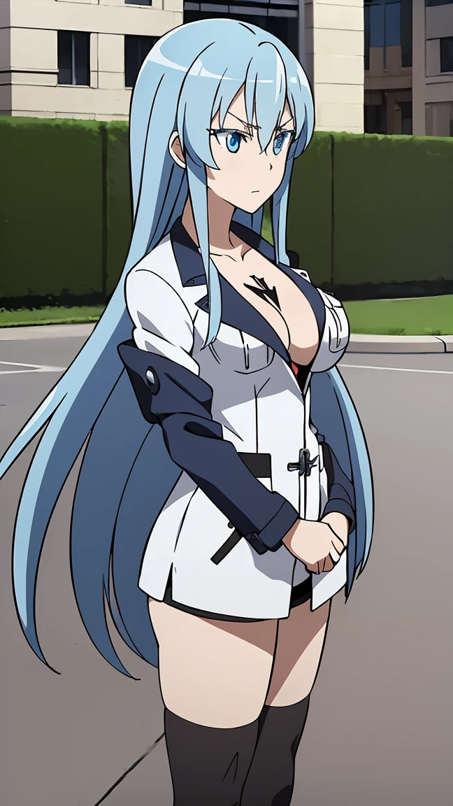 (Masterpiece:1.2),expressive eyes, perfect face, beautiful blue eyes, blue hair, very long hair,((1girl,solo)), Esdeath (Akame ga Kill), anime office art style, large breasts, vibrant colors,full body shots, ((jacket,gym short )),background streets night time 