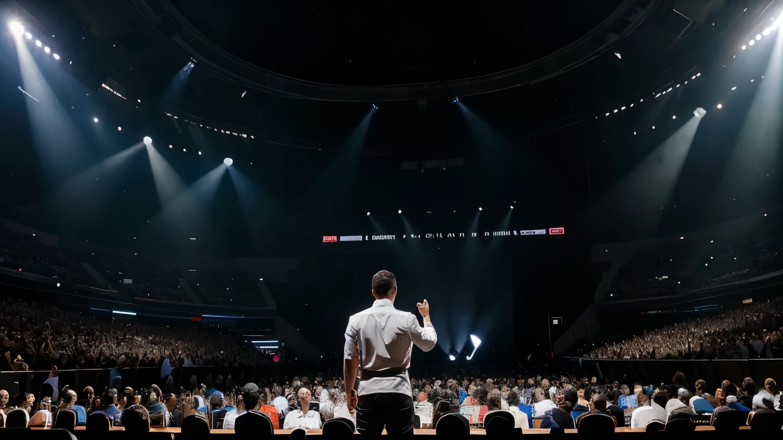 A imagem retrata Russell Brunson, o palestrante renomado, em um grande evento de palestra. Russell is wearing a white dress shirt and is standing on a lit stage. He has his back to the viewer, looking at a vast audience that stretches to the horizon. The scene takes place at night, com as luzes do palco brilhando intensamente, criando uma atmosfera vibrante e cheia de energia. The audience is made up of millions of people, which are represented as points of light in the darkness. Each point of light symbolizes an individual in the audience, who is paying attention to Russell Brunson&#39;s talk. The image conveys the feeling of magnitude and importance of the event, with the vastness of the audience highlighting the influence and reach of the speaker. Detalhes: Certifique-se de enfatizar os detalhes realistas do palco, como as luzes, o piso e o microfone utilizado por Russell. As pessoas na plateia podem ser representadas como pontos de luz em diferentes tamanhos e brilhos, to create a sense of depth and dimension. This thumbnail will highlight Russell Brunson&#39;s impressive speaker presence, enquanto transmite a grandiosidade e o impacto do evento. Espero que goste dessa ideia!