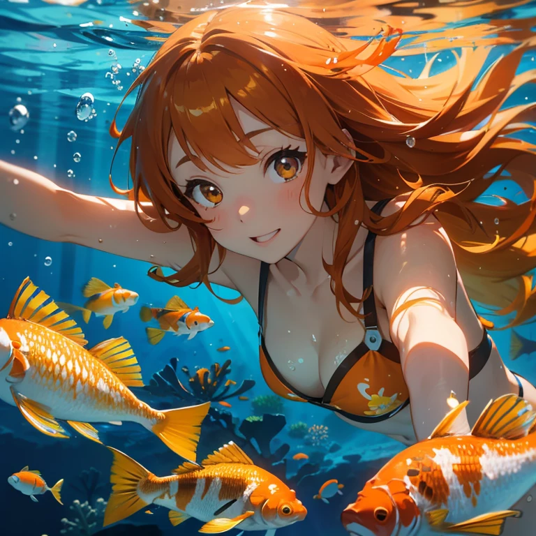 solo girl, (Ginger) hair with fringe, (Orange, Yellow, Blue) Bikini, swimming under water, dark brown eyes, bubbles, coral, koi fish, gold fish, sunlight, happiness
