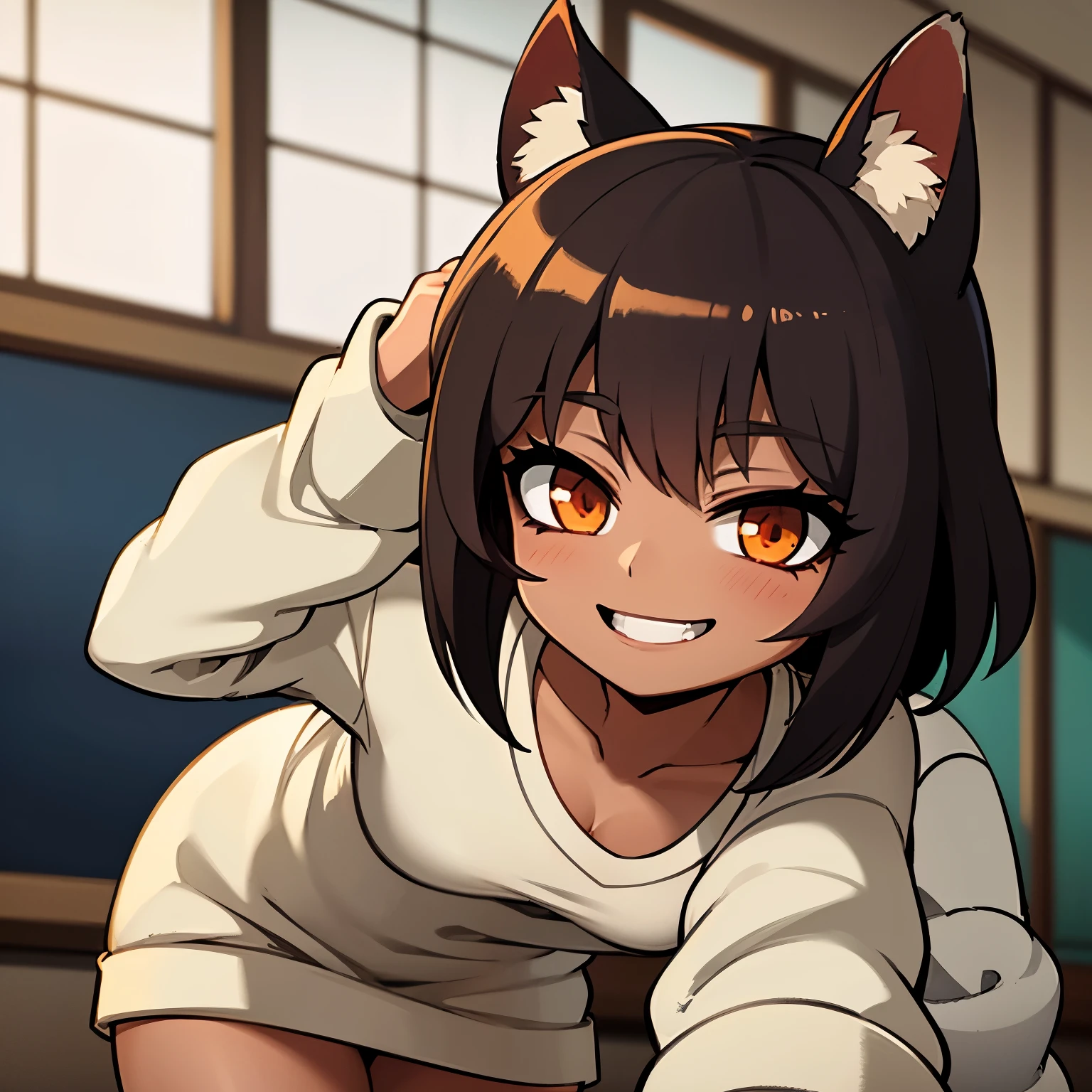 Anime image of a girl with short brown hair, very tanned and brown skin, she has raccoon ears and a tail, she wears a very tight schoolgirl uniform, she is very muscular and she is smiling sadistically while in a classroom.