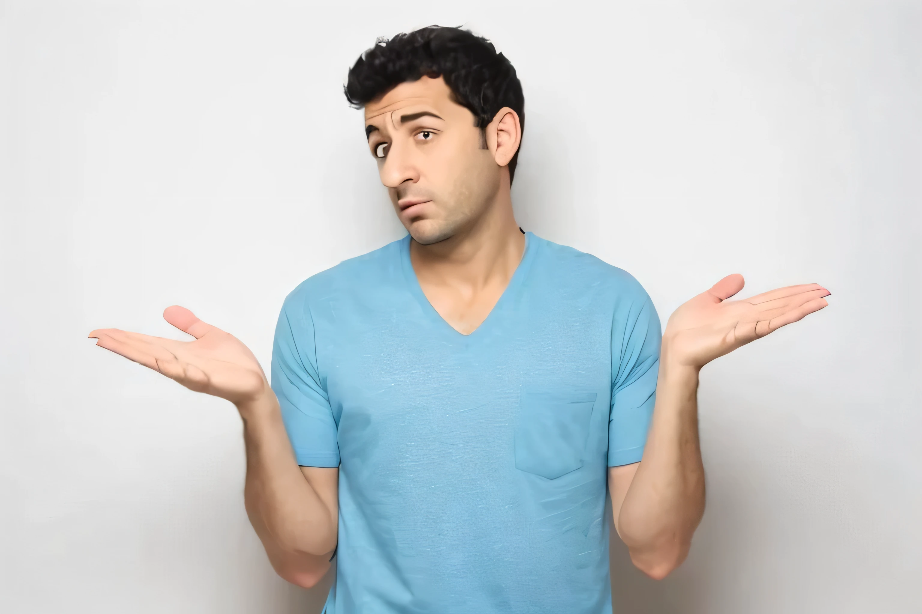 arafed man in a blue shirt is holding his hands out and looking surprised, man esthete with disgust face, confused facial expression, confused expression, looking confused, annoyed facial expression, the man is screaming and sad, shocked expression, his palms are sweaty, sad exasperated expression, h3h3, annoyed expression, serious and stern expression