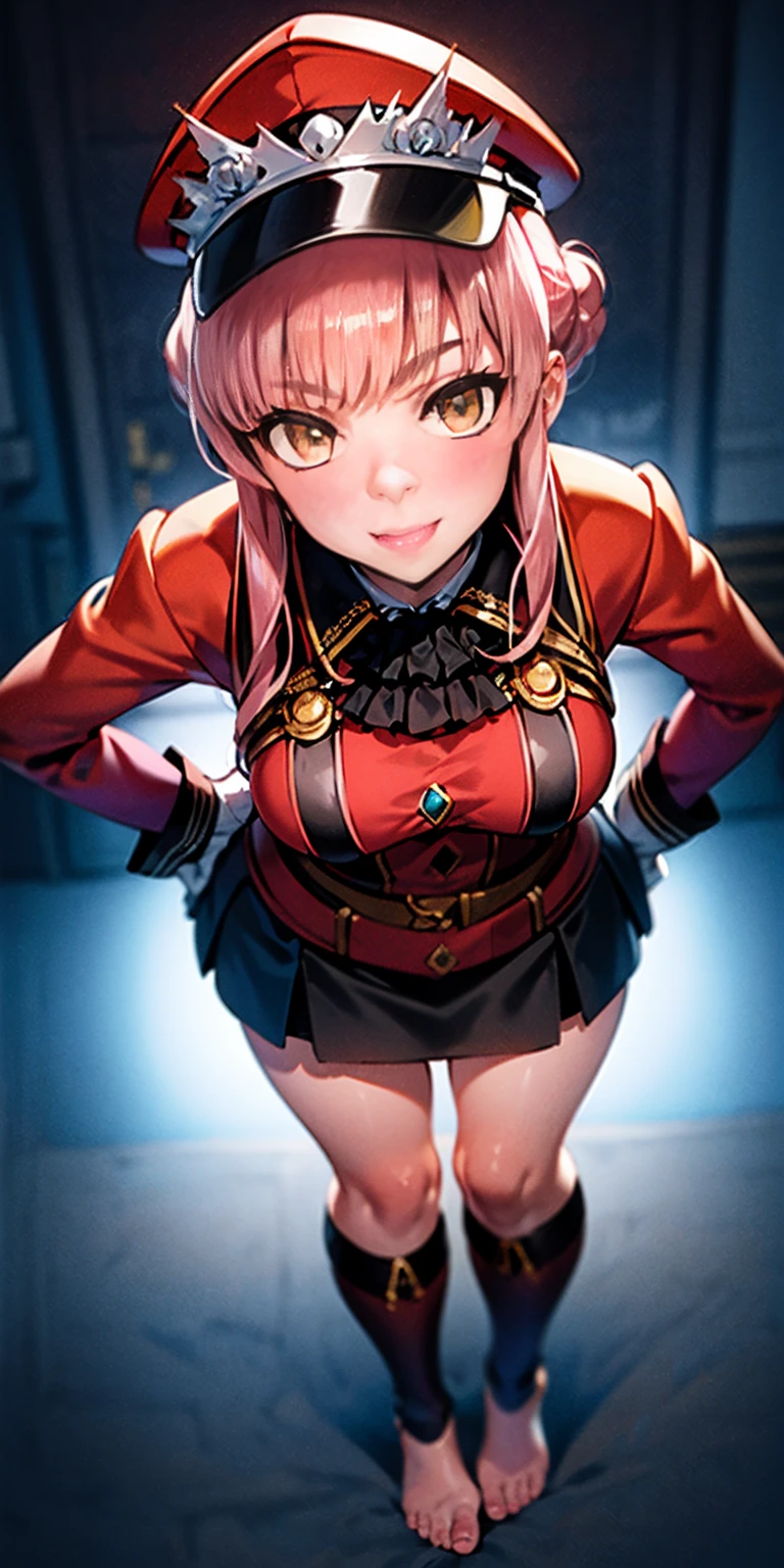 a woman standing at a symmetrical low angle, from below, barefoot, smiling lustfully with red blush, hands on hips, big knockers
masterpiece,best quality, 1girl, solo, dark, night, crazy smile, looking at viewer, standing, black background, cowboy shot, arms behind back,
medb \(fate\), peaked cap, red thigh boots, black skirt, military uniform, white gloves, hair bun,