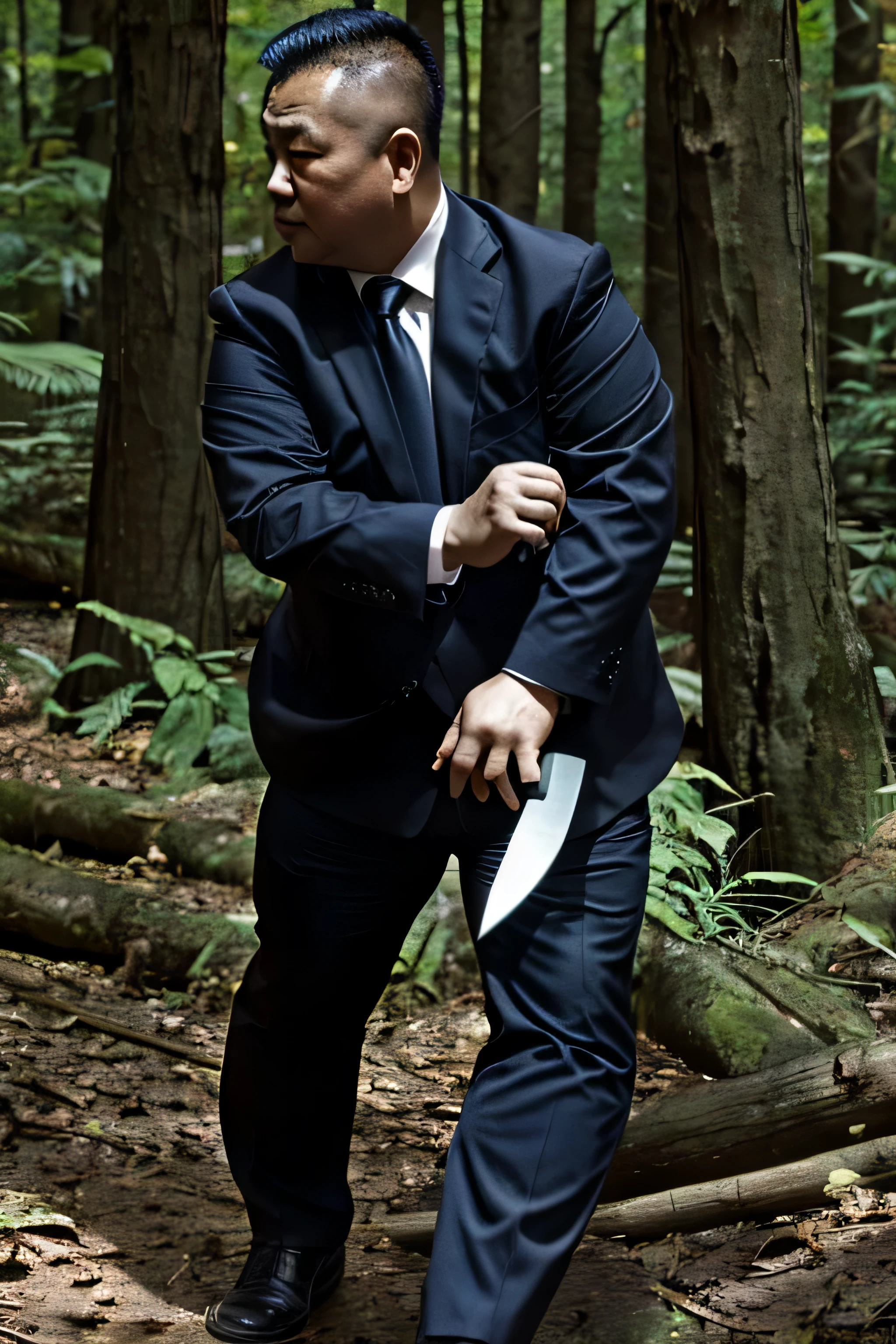Two people wearing black ties, Fat Chinese mature middle-aged man fights with security guard with knife in forest