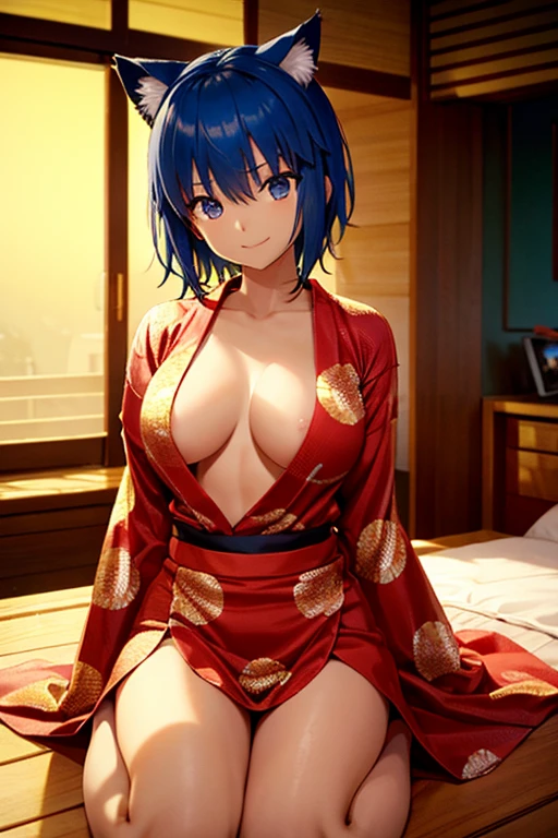 make a woman and cute with a full body of brown skin with brown eyes with a beautiful smile with short green hair and cat ears with a red white kimono with a slender body
