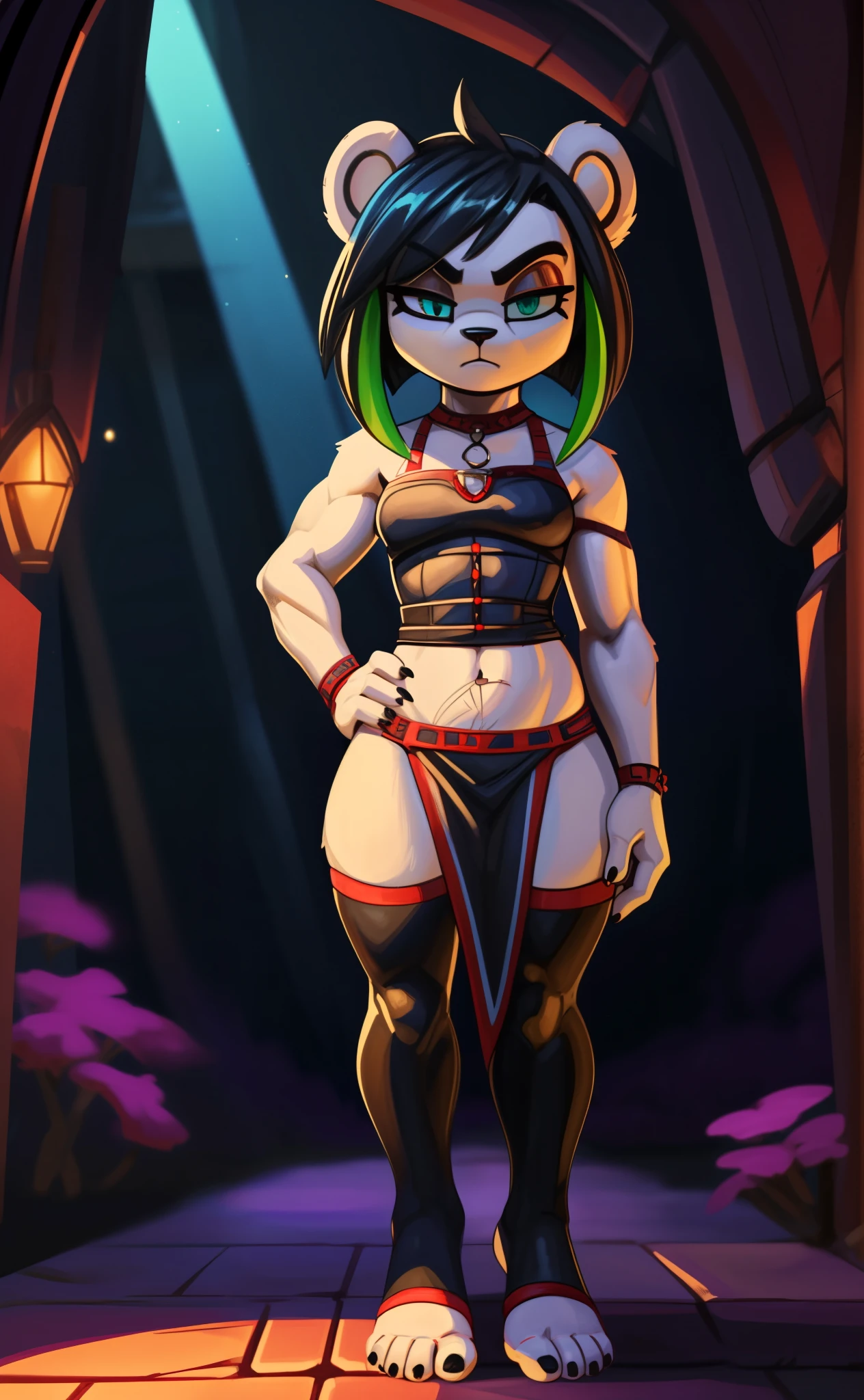 [gingiis], [draw-till-death], [Uploaded to e621.net; (Pixelsketcher), (wamudraws)], ((masterpiece)), ((HD)), ((high res)), ((mystical art)), ((solo portrait)), ((full body)), ((back view)), ((feet visible)), ((furry; anthro)), ((detailed fur)), ((detailed shading)), ((beautiful render art)), ((intricate details)), {anthro panda; (slim figure), white fur, black nose, (cute cyan eyes), (short eyelashes), (black eyeshadow), (two toned hair), (green highlights in hair), (short black hair), (bobcut hair), (straight hair), (straight bangs), (sharp black claws), (defined muscles), (curvy hips), (beautiful legs), (beautiful feet), (humanoid feet), (detailed soles), (annoyed expression)}, {(bikini top), (thighs exposed), (thong panties), (blue thighhighs), (toeless socks)}, {(standing), (dynamic pose), (looking back), (looking at viewer)}, [background; (cave), (green ghosts), (ambient lighting)]
