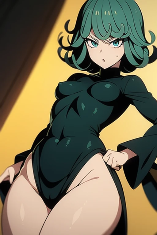 tatsumaki/Terrible Tornado, small breasts, cabello ondulado, Ropa de sirvienta, Medias