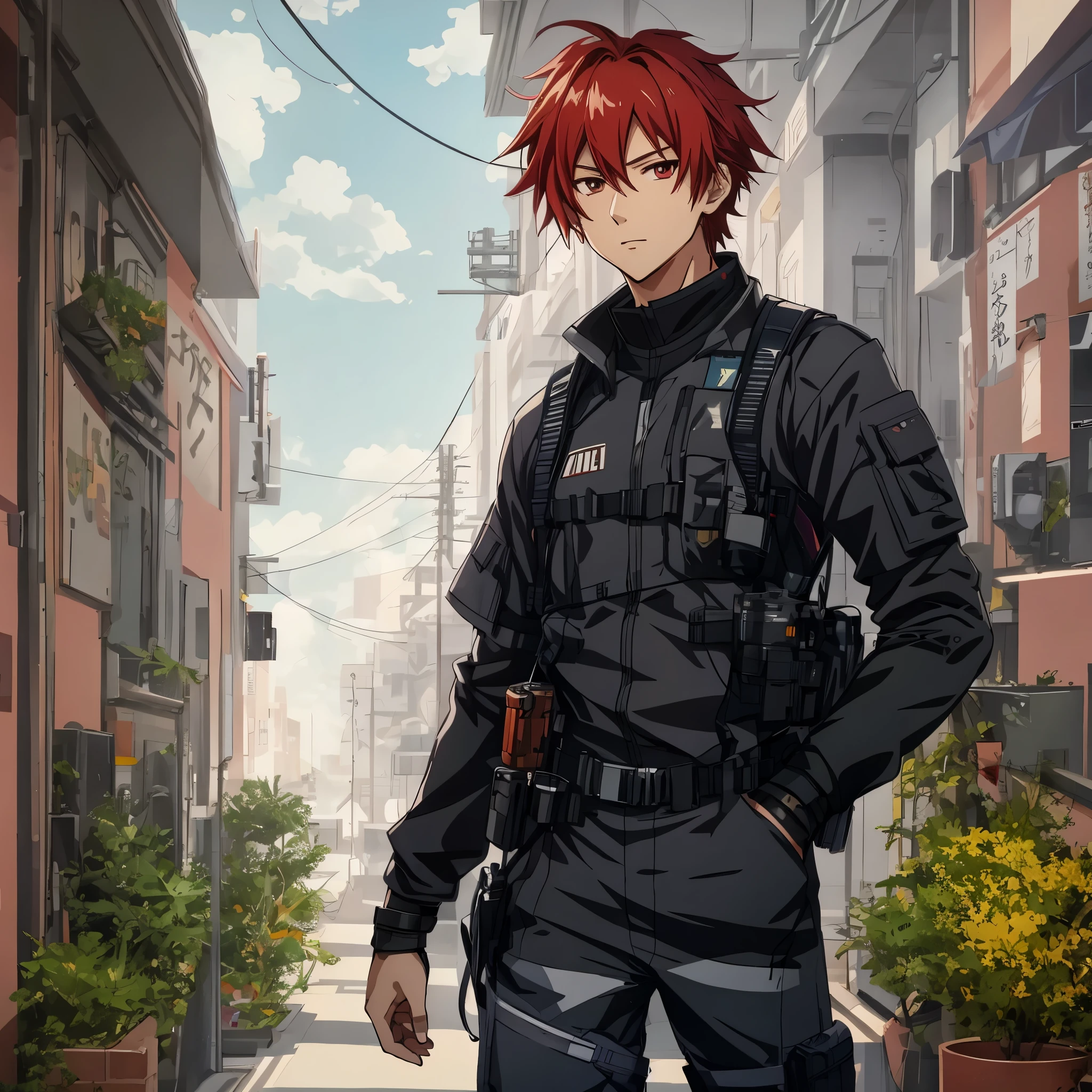 1 male, solo, red hair , anime character wearing combat suit, kaworu nagisa, anime handsome man, male anime character, tall anime guy with red eyes, hajime yatate, anime, fubuki, action anime pose, yukito kishiro, young anime man, official art, makoto kano, male anime style, masterpiece, rtx, ray tracing, highly detailed, best quality, official art