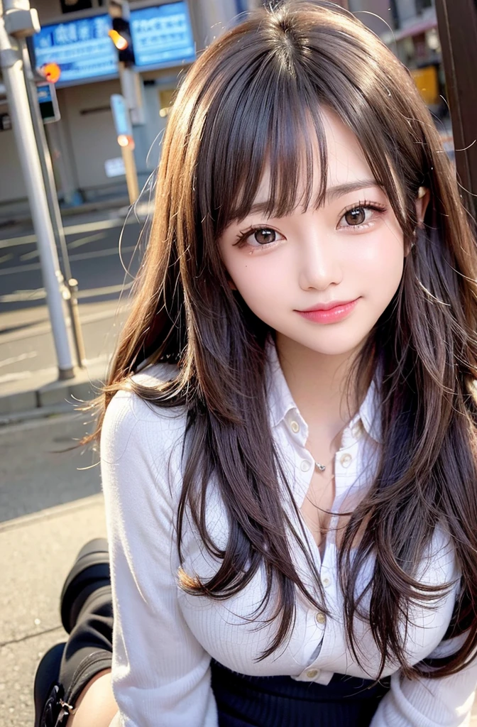 ((night、real light、highest quality、8K image、masterpiece:1.3))、非常にdetailed eyes、highly detailed face、Highly detailed skin texture、(Beautiful girl with normal body type:1.4)、(beautiful hair of light brown color:1)、white collared shirt、Jacket、tight mini skirt、high heeled shoes、look at the viewer、blush cheeks、super detailed face、detailed eyes、Happiness、A big smile、office Street、