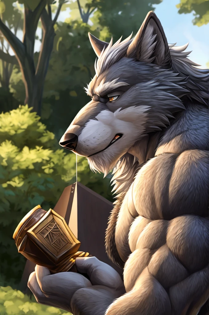 1man, huge muscular old man (furry wolf), muscular, old man, anthro, silver hair, smelling, high detail, 8k, best quality, award winning, super detail, anatomically correct