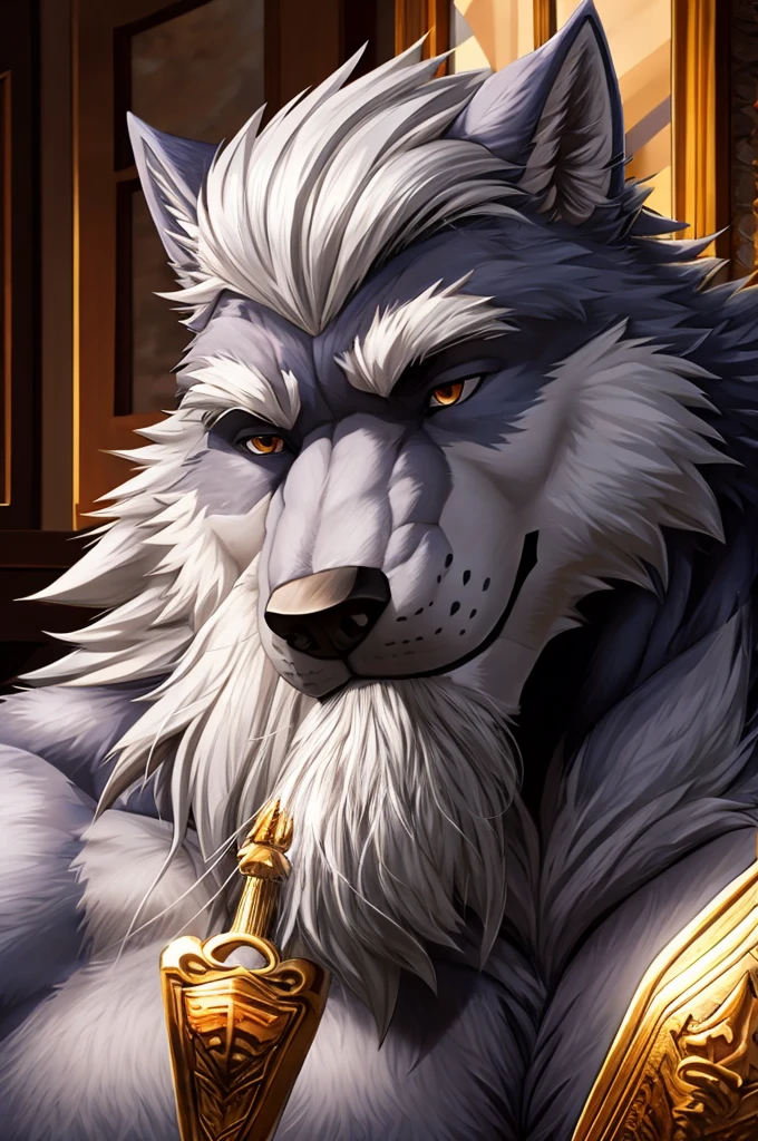 1man, huge muscular old man (furry wolf), muscular, old man, anthro, silver hair, smelling, high detail, 8k, best quality, award winning, super detail, anatomically correct