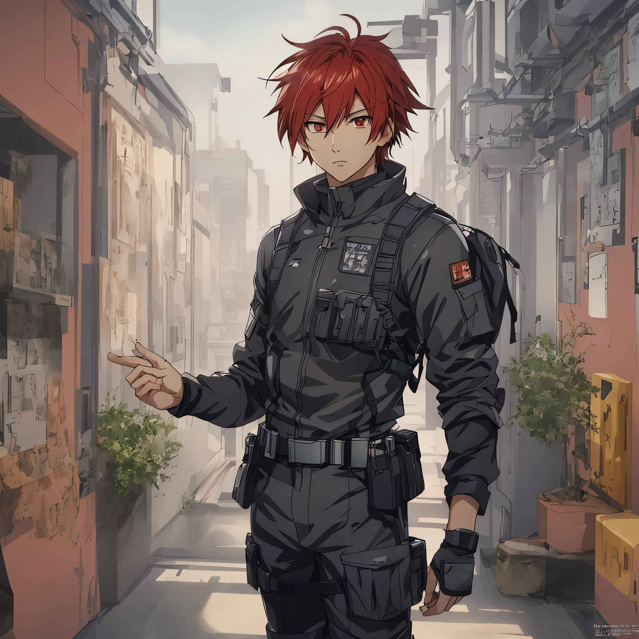 1 male, solo, red hair , anime character wearing combat suit, kaworu nagisa, anime handsome man, male anime character, tall anime guy with red eyes, hajime yatate, anime, fubuki, action anime pose, yukito kishiro, young anime man, official art, makoto kano, male anime style, masterpiece, rtx, ray tracing, highly detailed, best quality, official art